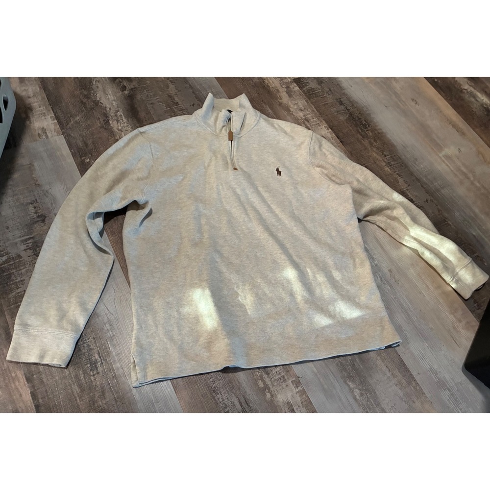 Polo Ralph Lauren Mens Large Oatmeal Heather Quarter Zip Pullover Sweater Beige
